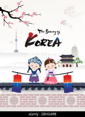 Das schöne von Korea. Ein Kind Paar Charakter in koreanischen traditionellen hanbok Kostüm begrüßt einen Besuch in Korea. Stock Vektor