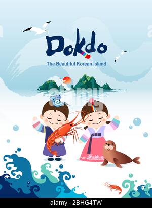 Wunderschöne koreanische Insel, Dokdo's Shrimps und Robben. Koreanische traditionelle hanbok Kinder paar Zeichen sind willkommen, Korea zu besuchen. Stock Vektor