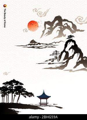 Schöne Korea, Berge, Bäume, Häuser, Kalligraphie Pinsel Malerei, natürliche Landschaft, koreanische traditionelle Malerei Vektor-Illustration. Stock Vektor