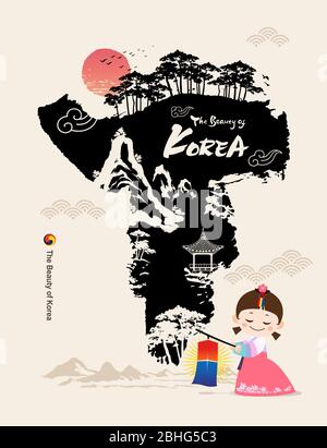 Wunderschönes Korea. Kinder in traditionellen Hanbok-Kostümen sind ebenfalls willkommen. Koreanische Traditionelle Malerei Vektor Illustration. Stock Vektor