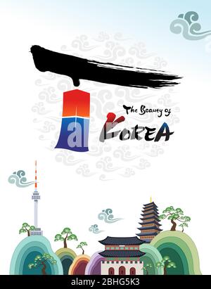 Das schöne von Korea. Willkommen bei Südkorea Reise und Wahrzeichen, Namsan Tower und Palace, Korea. Stock Vektor