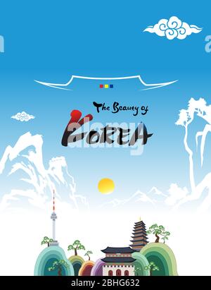 Wunderschönes Korea. Koreanische Berge, traditionelle Dächer und Wahrzeichen, Namsan Turm und Palast, Willkommen in Korea. Stock Vektor