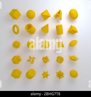 Set von 3d-Rendern realistische Primitive auf weißem Hintergrund. Isolierte Grafikelemente. Kugeln, Torus, Rohre, Kegel und andere geometrische Formen in Stockfoto