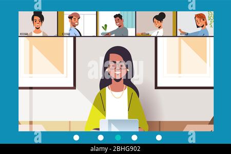 Frau Treffen mit Mix-Rennen Freunde während eines Videoanrufs Covid-19 Pandemie Coronavirus Quarantäne Konzept Menschen mit virtuellen Spaß Live-Konferenz horizontale Vektor-Illustration Stock Vektor