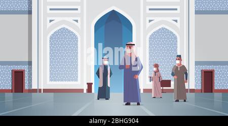 arabische Männer in medizinischen Masken kommen zu nabawi Moschee Gebäude Quarantäne covid-19 Quarantäne Pandemie Konzept Menschen beten in traditioneller Kleidung muslimische Religion horizontale volle Länge Vektor-Illustration Stock Vektor