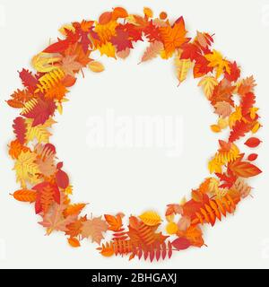 Kranz aus Herbstblumen und Blättern auf hellem Hintergrund. Herbstkomposition. EPS 10 Stock Vektor