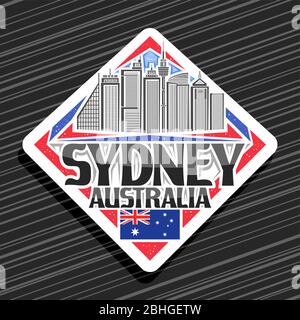 Vektor-Logo für Sydney, weiß dekoratives Straßenschild mit Linienillustration der zeitgenössischen sydney Stadtbild am Tag Himmel Hintergrund, Kühlschrank Magnet mit Stock Vektor