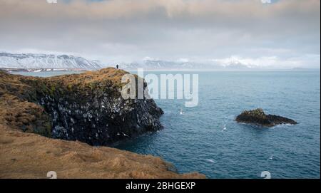 Isländische Meereslandschaft mit Felsen und dem Atlantik bei Arnarstapi auf der halbinsel snaefellsness in Island Stockfoto