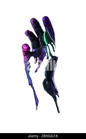 Elegante weibliche Hand in schwarzem Latex Handschuh auf weißem Hintergrund. Weibliche Hand in flüssigem schwarzem Öl oder schwarzer Acrylfarbe Stockfoto