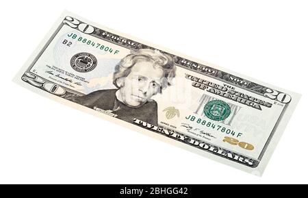 20 Dollar Banknote auf weißem Hintergrund isoliert. Gestapeltes Foto. Stockfoto