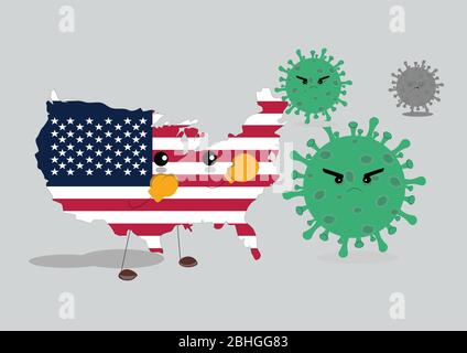 USA-Land kämpft mit Corona-Virus. Illustration der amerikanischen Flagge in Form des USA-Landes, mit Boxhandschuhen und im Kampf mit Viren Stock Vektor