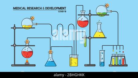 Medizinische Forschung und Entwicklung Illustration isoliert auf blauem Hintergrund. Cartoon-Stil Experiment mit verschiedenen Chemikalien in Flaschen, auf der Suche nach einem Stock Vektor