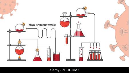 Medizinische Forschung Illustration isoliert auf weißem Hintergrund. Cartoon-Stil Experiment mit verschiedenen Chemikalien in Flaschen, auf der Suche nach einer Behandlung, cur Stock Vektor