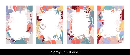 Set von abstrakten floralen von Hand gezeichneten Formen. Vertikale Rahmen und Platz für Text. Doodle Objekte organische Elemente. Kreative moderne Kunst. Groß für Banner, Flyer Event Einladungskarte Vektor-Illustration Stock Vektor