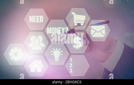 Word Writing Text brauchen Geld Frage. Business Foto präsentiert jemanden fragen, ob er Geld braucht oder Bouns bekommen Darlehen Stockfoto