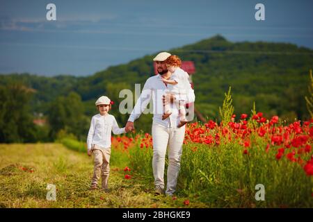 Vater und Söhne, die am Sommertag durch das Mohn-Blumenfeld gehen Stockfoto