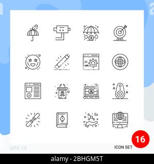 Piktogramm-Set von 16 einfachen Konturen der Zuneigung, Ziel, Finanzen, Pfeil, Dart editierbare Vektor-Design-Elemente Stock Vektor