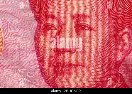 Nahaufnahme Porträt des 1. Chinesischen Vorsitzenden Mao Zedong auf der chinesischen Banknote RMB Yuan. Stockfoto