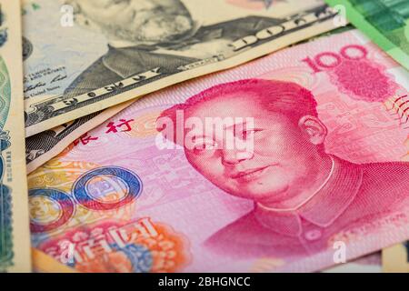 Nahaufnahme Porträt des 1. Chinesischen Vorsitzenden Mao Zedong auf der chinesischen Banknote RMB Yuan. Stockfoto