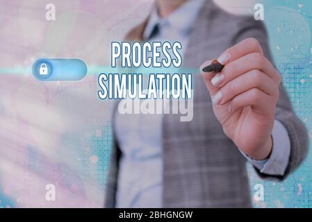 Schreiben Sie einen Hinweis mit Prozesssimulation. Geschäftskonzept für technische Darstellung fabrizierte Studie eines Systems Stockfoto