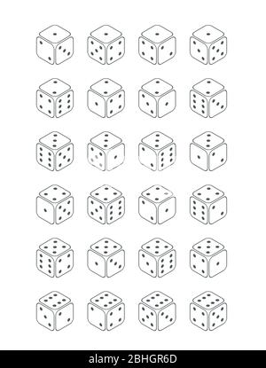 Großer Satz von Spielwürfeln auf weißem Hintergrund, alle möglichen Würfel dreht sich in isometrischer Ansicht Stock Vektor