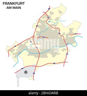 Einfache Übersichtskarte der Stadt Frankfurt am Main Stock Vektor