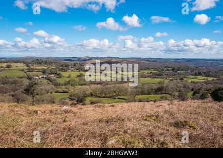 Blick Richtung Nordosten nach Manaton und St Winifred's Church, von Hayne Down, Dartmoor National Park, Devon, England, Großbritannien. Stockfoto