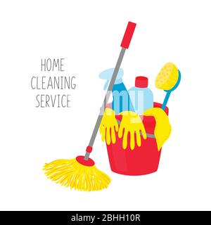 Reinigungsservice. Hausreinigungswerkzeuge im Eimer auf weißem Hintergrund. Stock Vektor