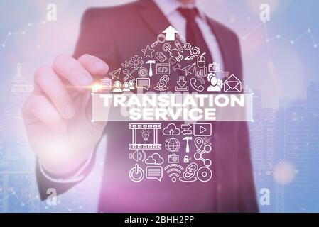 Handschriftentext Übersetzungsdienst. Konzeptfoto die äquivalente Zielsprache aus der Muttersprache Stockfoto