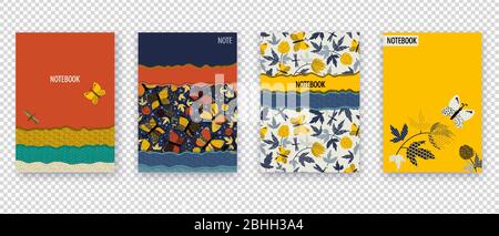 Blumenbanner setzen. Gelbe Wildblume und Schmetterlinge. libellenmuster auf hellem Hintergrund. Umrandet mit Blumendesign im Sommer. Stock Vektor