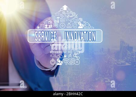 Handschrift Text Writing Service Innovation. Konzeptfoto verbesserte Product Line Services führen einen bevorstehenden Trend ein Stockfoto