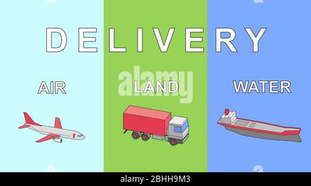 Lieferservice und Logistik. Illustration mit verschiedenen Arten von Transport auf farbigen Hintergrund. Panorama Stockfoto