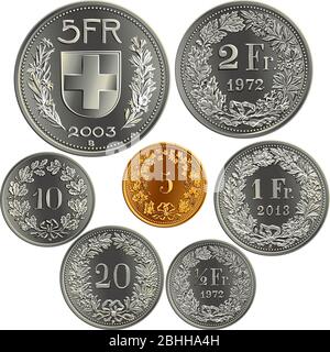 Satz Schweizer Franken Geld, offizielle Münze in der Schweiz, Rückseite mit Bundeswappen, Wert, Jahr, Zweige der Pflanzen Stock Vektor