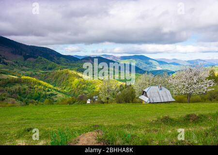 Schöne ländliche Landschaft in den Bergen. Blühende Bäume auf den grasbewachsenen Hügeln. Dorf im fernen Tal. Downshifting und Nachhaltigkeitskonzept Stockfoto