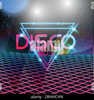 80er Jahre Disco-Design im Retro-Stil in Neon. Landschaft mit Gitter im Stil der 80er Jahre Retro Stock Vektor