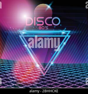 80er Jahre Disco-Design im Retro-Stil in Neon. Landschaft mit Gitter im Stil der 80er Jahre Retro Stock Vektor