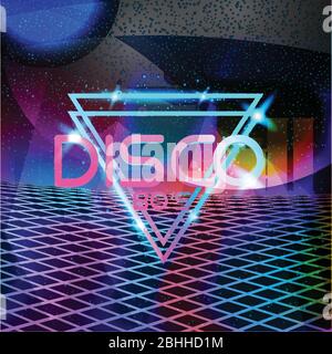 80er Jahre Disco-Design im Retro-Stil in Neon. Landschaft mit Gitter im Stil der 80er Jahre Retro Stock Vektor