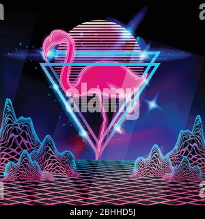80er Jahre Disco-Design im Retro-Stil in Neon. Landschaft mit Gitter im Stil der 80er Jahre Retro Stock Vektor