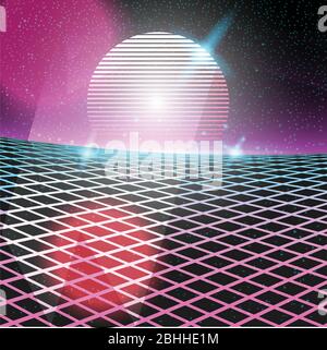 80er Jahre Disco-Design im Retro-Stil in Neon. Landschaft mit Gitter im Stil der 80er Jahre Retro Stock Vektor