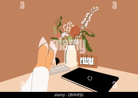 Weibliche Beine auf einem schönen Arbeitsraum mit einem Blumenstrauß verziert. Konzept eines gemütlichen Home Office. Vektor-Illustration in flacher Cartoon-Stil Stock Vektor