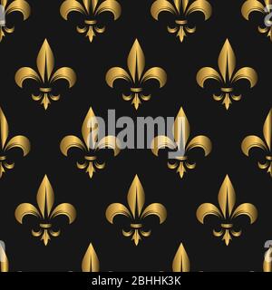 Nahtlose goldene Fleur de Lis Lilie Blumenmuster auf einem dunklen Hintergrund. Heraldisches Symbol. Vektorgrafik. Mittelalterliches Zeichen königliche Lilie. Elegante Dekoration Stock Vektor