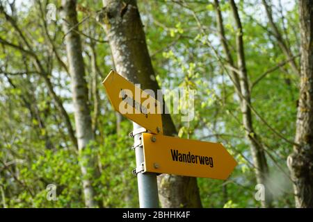 Auf einem Metallmast angebrachte Wegweiser für Wanderwege in deutscher Sprache, die in zwei entgegengesetzten Richtungen in einem Wald auf dem Hintergrund von Bäumen zeigen. Stockfoto