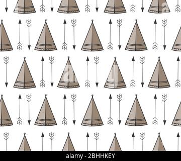 Nahtloses Kindermuster mit Wigwam und Pfeilen. Niedliche indische Hintergrundmuster im Vektor Stock Vektor
