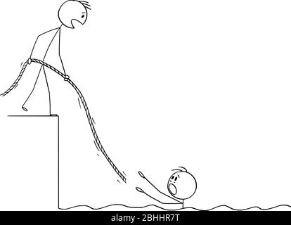 Vektor Cartoon Stick Figur Zeichnung konzeptionelle Illustration des Menschen im Wasser ertrinken, hilft ihm ein anderer Mann, indem er ihm Seil. Konzept der Teamarbeit, Versicherung oder Sozialversicherung. Stock Vektor