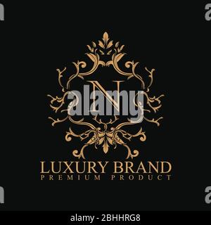 Logo Luxus mit Design-Element Ornament, Label, Logo. Gemacht mit goldenen Luxus Blume auf Ornament Hintergrund Stock Vektor