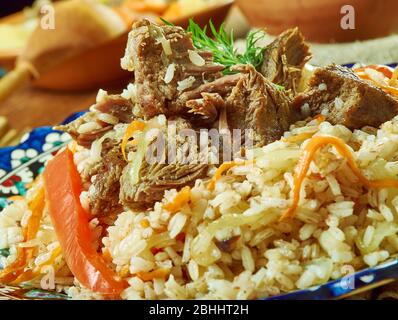 Chorezmskiy usbekischen plov Chalov, authentische Reis und Lamm Gericht für eine Party aus dem Herzen von Mittelasien Stockfoto