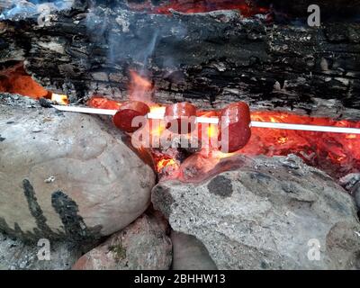 Bratscheiben von Würstchen auf einem Lagerfeuer auf einem Spieß. Stockfoto