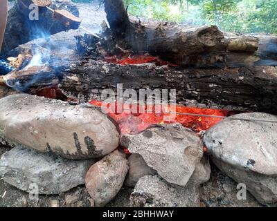 Bratscheiben von Würstchen auf einem Lagerfeuer auf einem Spieß. Stockfoto