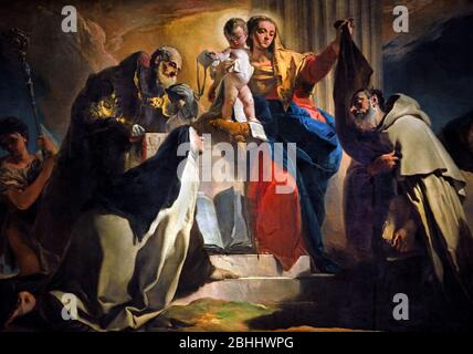 Unsere Liebe Frau vom Berge Karmel mit St. Simon Stock, St. Teresa von Avila, St. Albert von Vercelli, den Propheten Elia und die Seelen im Fegefeuer 1745 von Giovanni Battista Tiepolo aus dem 18. Jahrhundert, Italien, Italienisch. (Detail) Stockfoto