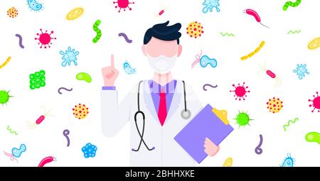 Impfbanner Konzept flaches Design Poster. Männlich Mann Arzt Mitarbeiter auf es hält Zwischenablage Stock Vektor